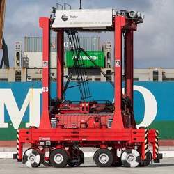 Fully automated AutoStrads move shipping containers at the Port of Los Angeles.