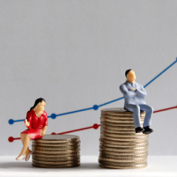 woman and man sitting on stacks of coins showing pay gap, illustration