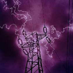 high-voltage tower and lightning