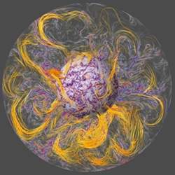 Computer simulation model of the interior of the Earths core, with magnetic field lines in orange.