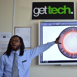 Desmond Hasty at a smart board at Boys' Latin of Philadelphia Charter School