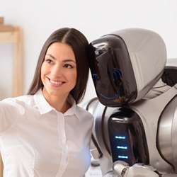 Taking a selfie with a robot assistant.