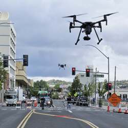 Drones above Lake Street in downtown Reno, NV.