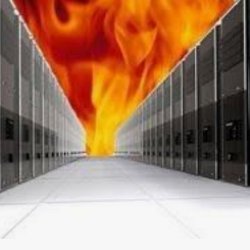 data center with flames in background, illustration