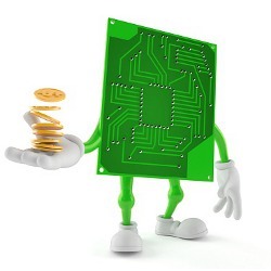 circuit board character with coins, illustration