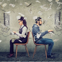 male and female at computers and raining money