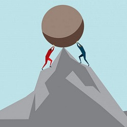 red and blue figures pushing rock uphill, illustration