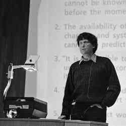 Cohen speaking in 1985 at the Massachusetts Institute of Technology.