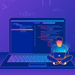programmer seated on laptop computer, illustration