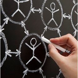 hand drawing worker network on blackboard