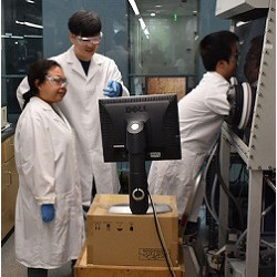 graduate students Sintu Rongpipi, Sang Yoo, and James Sutjianto in Gomez Group lab at Penn State