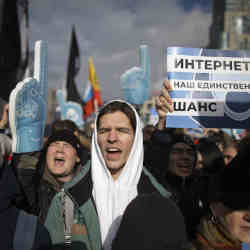 Demonstrators protest at a Free Internet rally in Moscow in March.