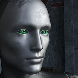 humanoid robot with green eyes