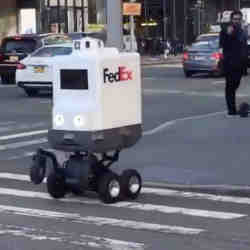 A Fedex Roxo robot crossing a New York City street.