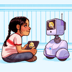 girl with coding robot, illustration