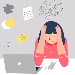 stressed student at laptop computer, illustration