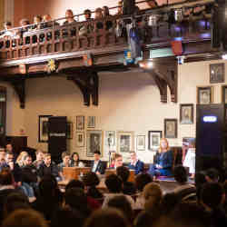 The IBM Debater system taking part in a debate at the University of Cambridge last year.