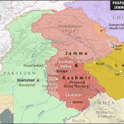 A map depicting the borders of Kashmir, territory claimed by both India and Pakistan.