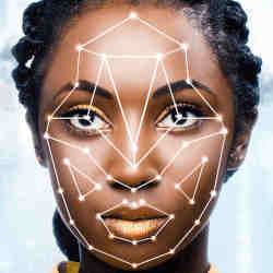 A facial recognition system "reading" a young woman's face.