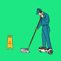 maintenance worker on hoverboard mopping the floor, illustration