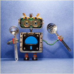 toy robot holding cutlery