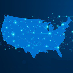 U.S. map with network-like connections, illustrations