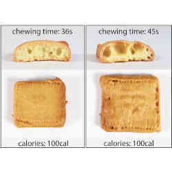 A comparison of printed food products with the same calorie counts.