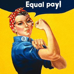 Rosie the riveter and 'Equal pay' text, illustration