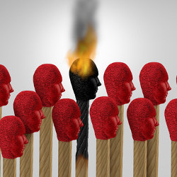 matchheads as faces, one burned, illustration