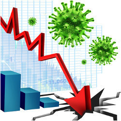 graph, coronavirus, and down arrow, illustration