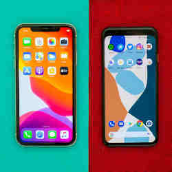 Google's Pixel 4 smartphone (left) and Apple's iPhone 11. 