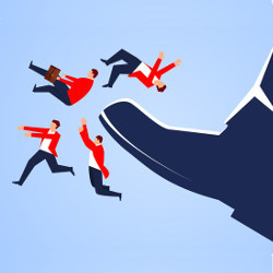 boot kicking numerous workers, illustration