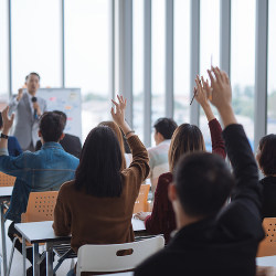 students raising hands in classroom