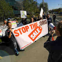 Protesters outside the Los Angeles headquarters of the Internet Corporation for Assigned Names and Numbers in January.