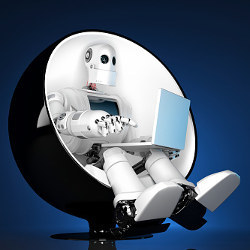 robot sitting in chair holding laptop computer