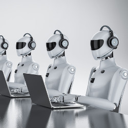 line of humanoid robots at laptop computers, illustration