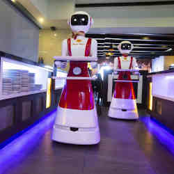 Robot waiters at the Royal Palace restaurant in Renesse, Netherlands.