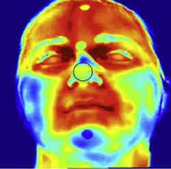 A heat map of a man's face. 