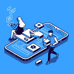 app developers sit upon and walk around a mobile phone, illustration