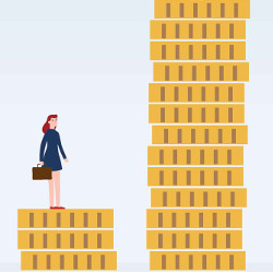 woman on stack of coins next to a taller stack of coins