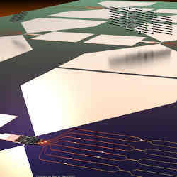 A stylized rendering of the quantum photonic chip and its assembly process. 