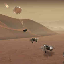 An illustration of how NASA's Dragonfly octocopter drone will land on the surface of Saturn's moon Titan .