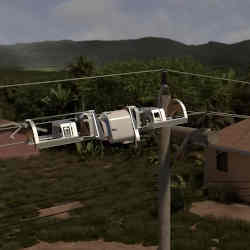 The robot installing fiber cable on power lines. 