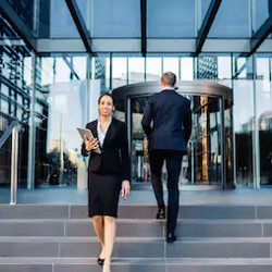 workers entering an office building