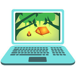 laptop display showing campfire and tent