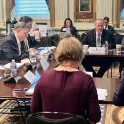 White House Office of Science and Technology Policy director Kelvin Droegemeier, seated at left, at a meeting of the Presidents Council of Advisors on Science and Technology in February.