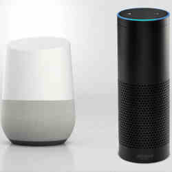 Google Home (left), which runs Google Assistant, and Amazon's Alexa. 