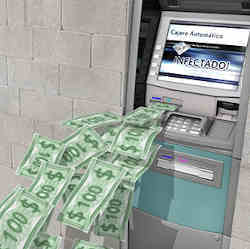 An ATM spewing cash.