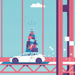 car with luggage on roof on the Golden Gate Bridge, illustration