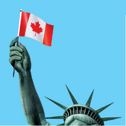 Statue of Liberty holding a Canadian flag, illustration